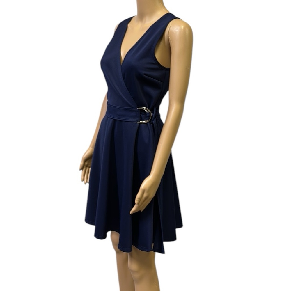 Blue S Navy Blue Belted Faux Wrap Sleeveless V Neck Stretch Dress Womens Medium